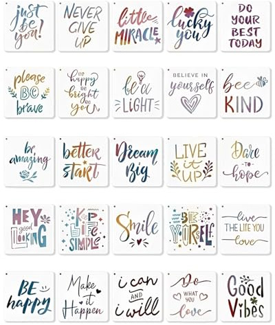 JEXOWIQ 25 Pezzi Stencil per Pittura Motivazionale, stencil per pittura, Citazioni Ispiratrici Disegno Pittura Stencil Kit per Legno Parete Decorazione Card Making, 15 × 15 cm
