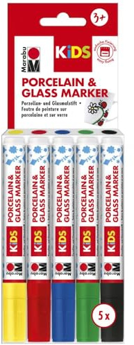 Marabu 012500000083 – Porslin & Glas Painter Kids, set Maxi Fun med 5 färger, porslins- och glasmålningspenna för barn, enkel målning, diskmaskinssäker efter inbränning, spets 1–3 mm