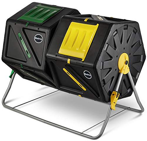Miracle-Gro Large Dual Chamber Compost Tumbler, 55.4 Gallons – Easy-Turn, Fast-Working System – All-Season, Heavy-Duty, High Volume Composter with 2 Sliding Doors (2 x 27.7 gallons)