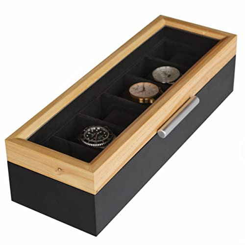 CASE ELEGANCE Modern Two-Toned Pine and Dark Gray with Aluminum Handle 6-Slot Watch Box with Real Glass by (Two-Tone)