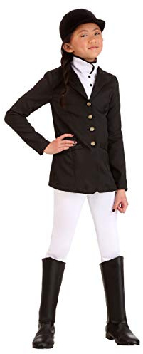 Girls Equestrian Halloween Costume | Kids Horse Rider Complete Outfit with Jacket, Pants, Jabot, Hat, & Boot Covers Medium