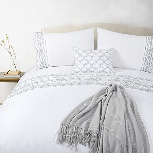 Bedding Double Bed Set White Cotton Duvet Cover Sets Geo Eyelet Embroidered | Geometric Pattern Grey Bedding Set Luxury Quilt Cover with 2 Pillowcases for Double Bed 200x200 cm 3 Pieces Duvet Set