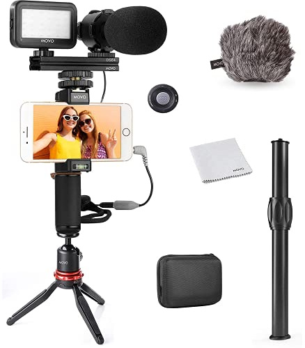 Movo V7+ YouTube Starter Kit - Vlogging Kit for iPhone with Tripod, Grip, Stereo Microphone, LED Light and Remote - Vlog Kit for iPhone 5, 5C, 5S, 6, 6S, 7, 8, X, XS or Samsung - iPhone Vlogging Kit