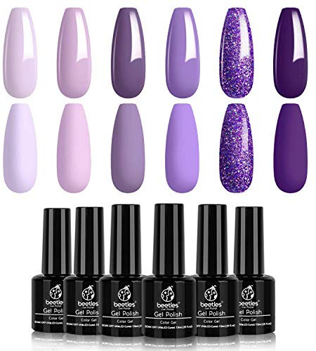 Beetles Purple Gel Nail Polish Set - 6 Colours Glitter Gel Polish Kit, Grape Purple, UV LED Nail Lamp