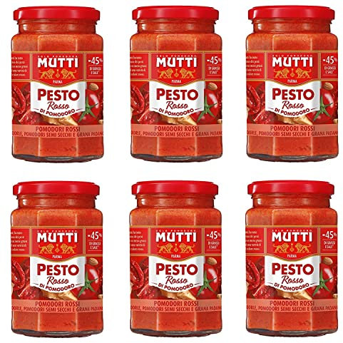 6x Mutti Pesto Rosso Pomodori Rossi Rotes Tomatenpesto Pasta Sauce 100% italienische Tomate Glas 180g Würzsaucen mit Mandeln, Tomaten, getrockneten Samen und Grana Padano
