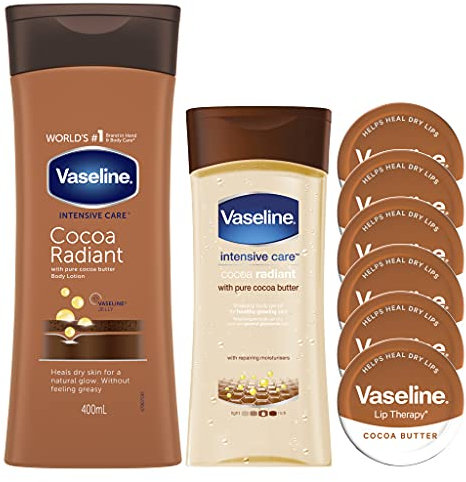 Vaseline Cocoa Bundle: Set Contains Vaseline Cocoa Radiant Body Lotion 400ml, Vaseline Cocoa Radiant Body Gel Oil 200ml and 6 Tins of Vaseline Lip Therapy With Cocoa Butter Petroleum Jelly 20g