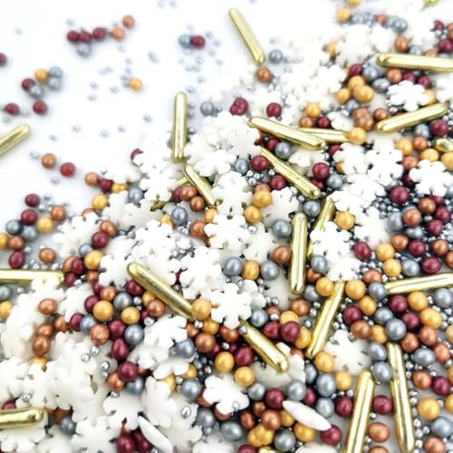 Streuselheld Bezaubernde Weihnacht 40g winterliche Zuckerstreusel | Christmas Streusel mit Schneeflocken, Perlen und Strands in Rot, Gold, Silber und Weiß Sprinkles für Torten, Kuchen, Keksen