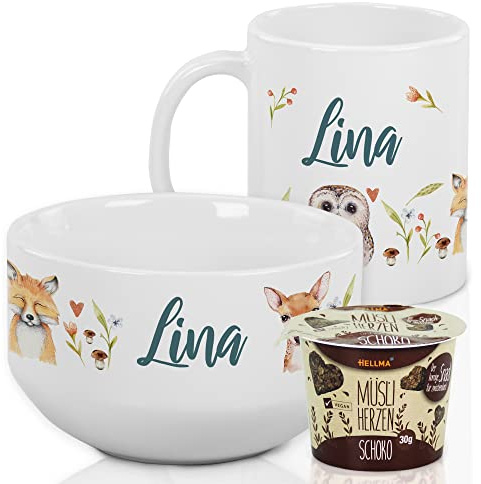 GRAZDesign Frühstücksset Waldtiere mit Name – Müslischale & Tasse Keramik | Personalisiertes Geschenkset aus Keramik für kleine Waldtier-Fans