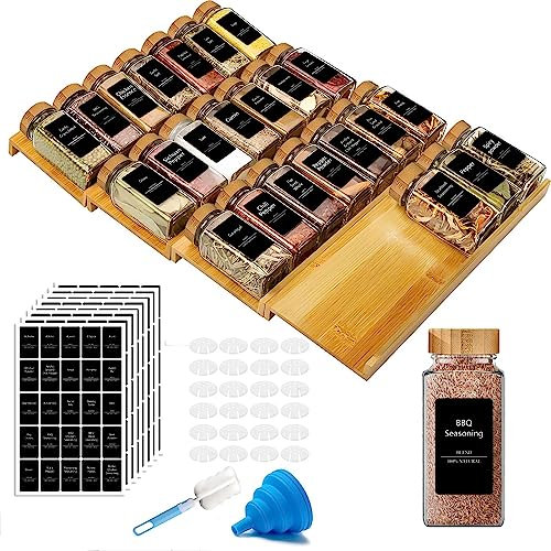 IWISHO Gewürzschubladen-Organizer-Set, Bambus-Gewürzregal-Set mit 24 Gewürzgläsern, 275 Etiketten, Trichter und Bürste, Arbeitsplattenschrank, 33x53 cm 48 EU cm