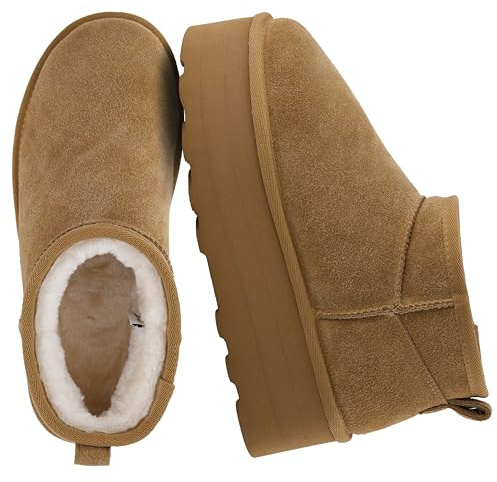 CUSHIONAIRE Hippy Women’s Platform Ankle Boots – Genuine Suede, Faux Fur Lining, Cozy Winter Slip-On Design boots for women, CHESTNUT 7.5