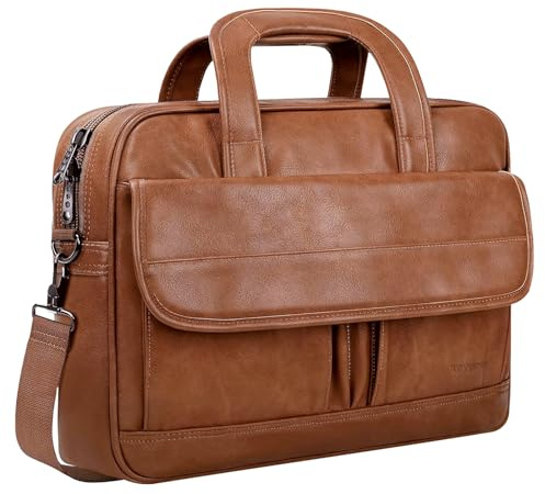 Taygeer Leather Laptop Bag for Men Women, Premium Laptop Briefcase Fits Up to 15.6 Inch Notebook, Waterproof Portable Shoulder Messenger Crossbody Bag Carry On Case for Travel Business Office, Brown