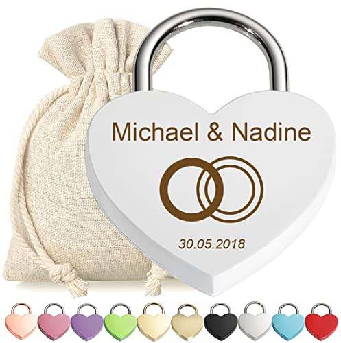 Herz Liebes-Schloss Vorhängeschloss Weiß personalisierte Gravur - Motiv Zwei Ringe - Metall Bügelschloss - Geschenkbeutel - Valentinstagsgeschenk Jahrestag - Pärchen Paar Mann Frau - present