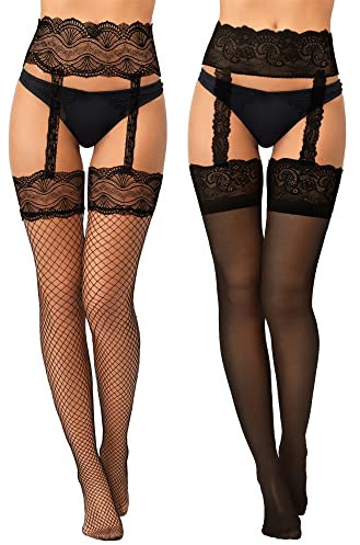 Geyoga 2 Paires Bas Porte-Jarretelles en Dentelle Bas Hauts de Cuisse Collant en Résille Floral avec Jarretière pour Femme (Noir)