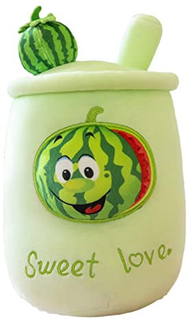 Martin Kench Bubble Tea Kuscheltier,Bubble Tea Kissen Bubble Tea Plüschtier Kuscheltier Groß Softpuppe Teetasse Kissen Geburtstagsgeschenk für Kinder Mädchen (Wassermelone,35cm)