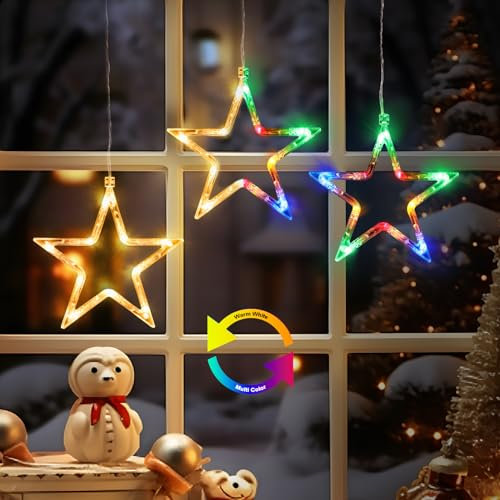 ELKTRY Weihnachtsdeko mit 3 Sterne, 30 LEDs Fensterdeko Stern mit Timer, Memory Funktion Innen Batterie Warmweiß und bunt Weihnachtsstern Beleuchtung Außen