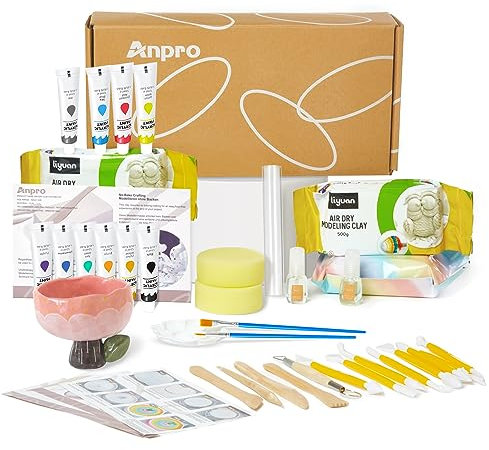 Anpro Lufttrocknendes Tontöpferset für zu Hause für Anfänger, DIY-Tonspielset für Erwachsene, mit Werkzeugen, Farben, Pinseln, Anleitung und Glanzlack