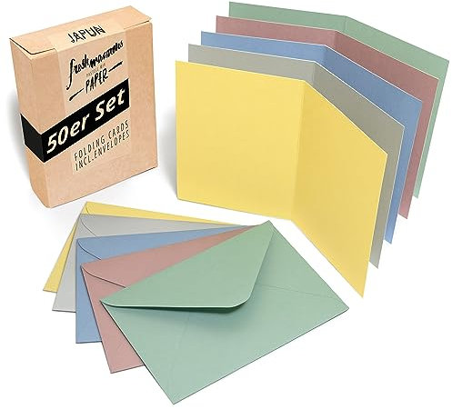 Japun - 50er Set blanko Falt-Karten inkl. Briefumschläge, Klapp-Karten zum gestalten, beschriften oder bedrucken - DIN A6 / C6 - pastell mix bunt