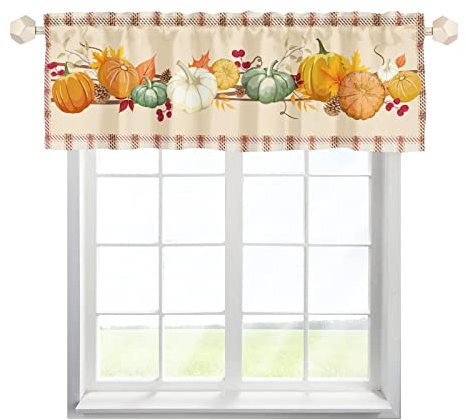 MYSLC Bistrogardine Scheibengardinen Kurze Fenster Herbst Kürbisse Kiefernzapfen Plaids Thanksgiving Behandlung Vorhänge Schiebevorhang Küche Vorhang Behandlungsvorhänge für Küche 137x45cm