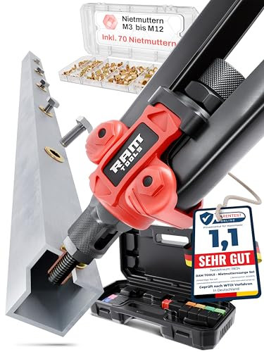 RAM TOOLS® Pinze per rivetti, set con 70 dadi rivetti, con foro/tabella delle dimensioni, mandrini in M3 M4 M5 M6 M8 M10 M12, con scatola per dadi rivetti