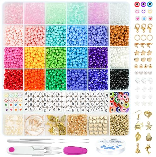 Gionlion 4mm Bunte Glasperlen Set, 24 Bunte Perlen für Armbänder, DIY Perlen zum Auffädeln mit Buchstabenperlen für Geschenkidee Armbänder, Perlen zum Auffädeln Set für DIY Handwerk