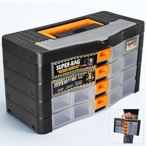 Werkzeugkoffer Kleinteile Organizer 4 Schubladen Sortierkasten | Sortimentskasten 390x190x215mm mit 21 Innenfächer verstellbar - Aufbewahrungsbox stapelbar Kleinteilemagazin mit Fächer