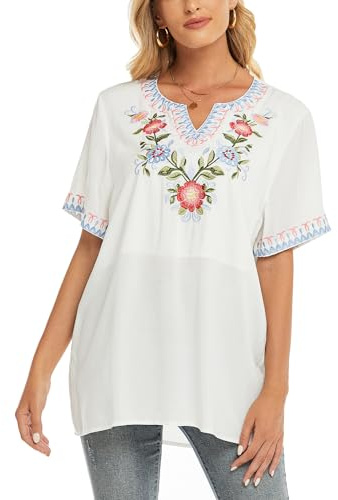 drakloak Boho Stickerei Bluse Hippie Kleidung Damen Bohemian Folklore Stickerei Bluse Kurzarm V Ausschnitt Tunika Sommer LäSsige Oberteil(321 WT M)