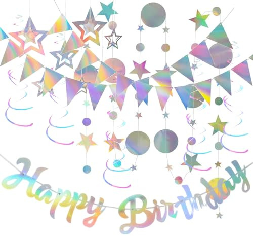 BDHYYM Happy Birthday Girlande Irisierende Geburtstag Deko Folie Silber | Wimpelkette Schillernd Circle Banner Metallic Luftschlangen Holografisch Geburtstagsdeko Iridescent