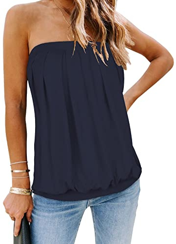 Womens Tube Tops Summer Strapless Bandeau Tanks Casual Sleeveless Vest Off Shoulder Shirts(Navy Blue,L)