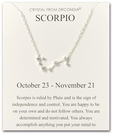 Philip Jones Collier avec pendentif signe astrologique du zodiaque Scorpion et carte de citation avec cristaux Zircondia