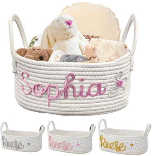 Generisch Personalisierte Korb Aufbewahrung Geflochten Mit Namen, Aufbewahrungskorb für Babyspielzeug und Kleidung Baby Windel Caddy Organizer Geschenkkorb, Deco Korb für Kinderzimmer (32*15*11cm)