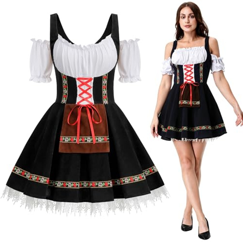 maxToonrain Costume d'Halloween traditionnel bavarois à manches courtes sans bretelles pour femme - Bière noire allemande - Noir - 3XL