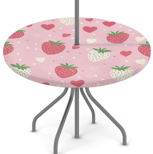 Woltant Nappe ronde avec trou de parasol et fermeture éclair facile à nettoyer avec bords élastiques - Protection de table d'extérieur pour jardin, terrasse, barbecue (fraises et cœurs)