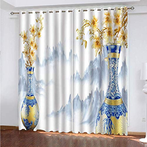 MAYNUO Blickdichte Vorhänge Mit Motiv 3D Blaue Vintage Vase Kinder Gardinen Ösen Gardine Thermo 280x160 cm Schlafzimmer Kinderzimmer Vorhange Dekoratives Muster, Verdunklungsvorhänge