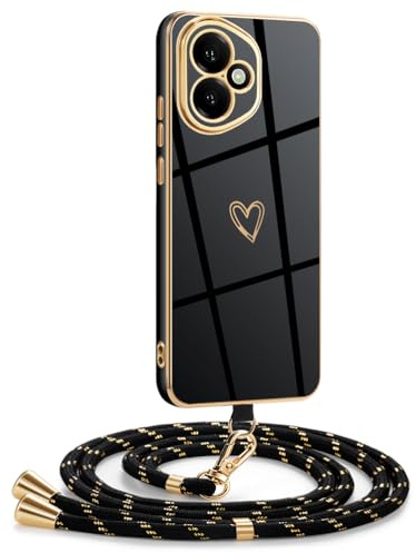 Mkej Coque pour Honor 400 avec Cordon, Coque avec Collier Motif Coeur d'amour Silicone Galvanisé Housse, Réglable Amovible de Cordon Case pour Honor 400, Or Noir