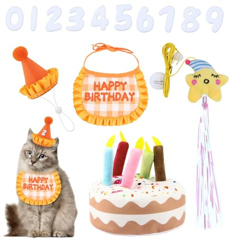Katzen Geburtstag Outfit Set, Geburtstag Bandana und Hut mit 0-9 Zahlen, Plüsch Geburtstagstorte und Lustiges hängendes Katzenspielzeug mit Katzenminze, Süßes Geburtstagsgeschenk für Feier (Orange)