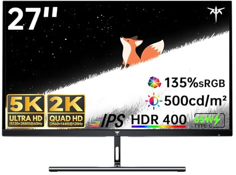 KTC Monitor 5K 27 Pulgadas | Modo Dual 5K (5120x2880) @60Hz / 2K@160Hz | 99% DCI-P3, 100% sRGB, ΔE＜2 | 1 x USB C de función Completa, 2 x USB A 3.0 | HDR400 | Compatible con Mac Mini