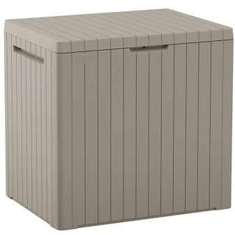 Keter City 30 Gallon Resin Outdoor Storage Box and Patio Furniture Side Table for Pool and Garden Accessories, Beige