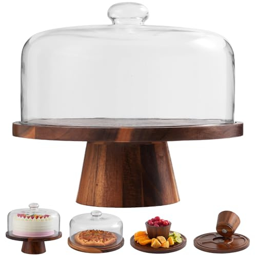 Acacia Wood Cake Stand with Glass Lid–12 Magnetic Base for Parties&Kitchen