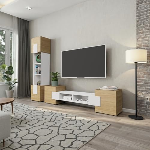 Komodee Set di mobili, Rovere Oilato, Bianco Artico, Larghezza 220 cm x Altezza 172 cm x Profondità 35 cm, per Soggiorno, Camera da Letto