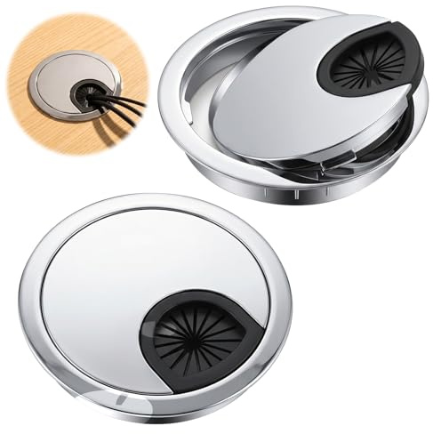 TLDBATICE 4 Stück Kabeldurchführung Schreibtisch 60mm Metall, Kabeldurchlass Tisch mit Bürsten und Gummieinsatz für Home Office & Gaming Desk (Silber)