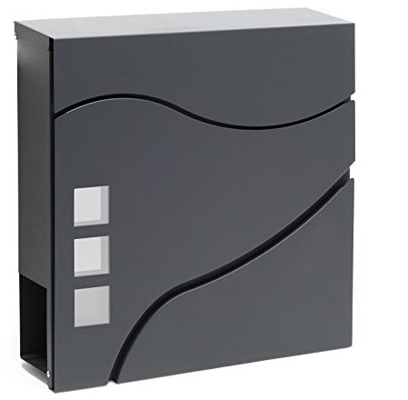 Wiltec Designer Briefkasten V28 Anthrazit 370 x 105 x 370 mm, Wandbriefkasten mit Schloss, Sichtfenstern und Zeitungsrolle, Postkasten aus pulverbeschichtetem Stahl