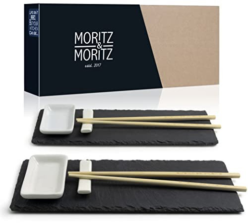 Moritz & Moritz 10 pz. Vajilla Sushi para 2 Personas - Platos Pizarra - Plates Set 10 Piezas para 2 Personas - 10x Plato para Sushi con Palillos Soporte de Palillos Cuencos para Wasabi