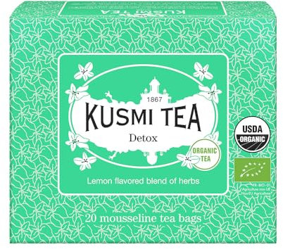 KUSMI TEA - Detox Bio - Thé Vert Bio, Thé Maté et Mélanges de Plantes Aromatisé Citron - Boîte Thé 20 Sachets Mousseline - 40g