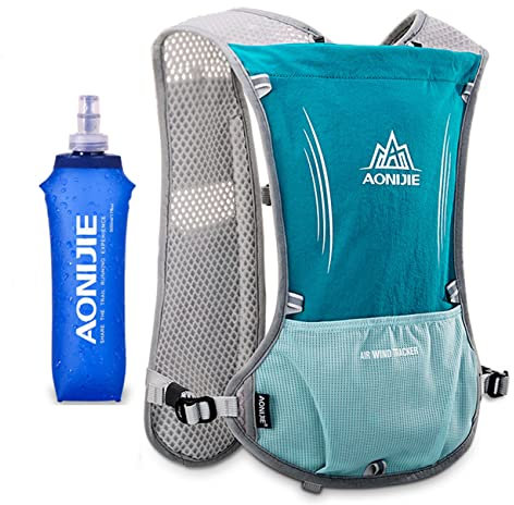 5L Ultraleicht Trinkrucksack mit Trinkblase 1.5L oder 500ML Flasche Laufrucksack für Damen Herren, Leichter Laufen Rucksack für Laufen, Marathon, Radfahren (Blau + 500ml Flasche)