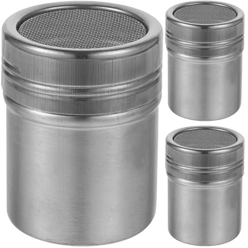 Angoily 3Pcs Sugar Shaker with Lid, Metal Stainless Steel Shaker Duster, Kitchen Fine Mesh Shaker for Cinnamon Flour Powdered Sugar Baking Soda Cocoa Cornstarch (S+ + L)