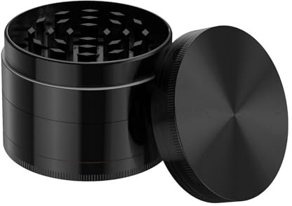 Bäcker & Lecker Grinder groß 75 mm Crusher Kräutermühle für getrocknete Kräuter Spice Gewürze Herb aus Zinklegierung 4-teilig Set mit Pollen Scraper Schwarz