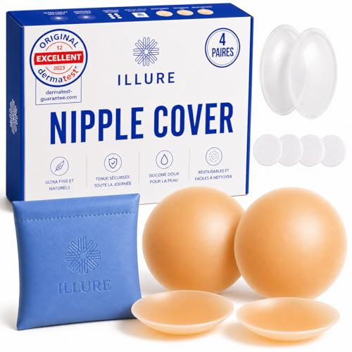 ILLURE® Premium Nippelpads Damen 8 cm, Nipple Cover selbstklebend, wiederverwendbar & waschbar, hypoallergenes Silikon, dünne Brustwarzenabdeckung für rückenfreie Kleider, Tops & Alltag, mit Tasche