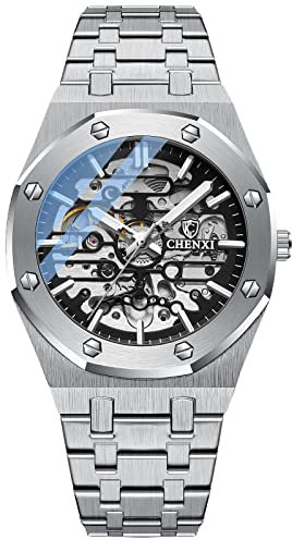 rorios Herrenuhren Automatische Mechanische Uhr Leuchtend Uhr mit Edelstahl-Armband Skelett Militär Armbanduhr