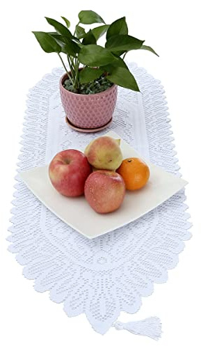 KYEYGWO Vintage Blumenmuster Spitze Tischläufer mit Quaste, Weiß 88x33cm | Mittelalter Boho Tischwäsche Landhausstil Tischdecke Platzset für Esstisch Deko Hochzeit Weihnachten Party Geburtstag