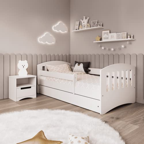 Cuna de 180 x 80 cm, con colchón, protección contra caídas, somier y cajón en blanco, 80 x 180 niñas, cama para niños
